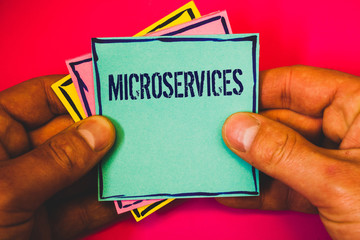 Wall Mural - writing note showing microservices. business photo showcasing software development technique decompo