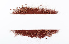 Ground Coffee And Beans On White Background.