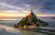 Mont Saint-Michel View In The Sunset Light. Normandy, France