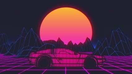 Wall Mural - Cyberpunk car in 80s style moves on a virtual neon landscape. 3d illustration