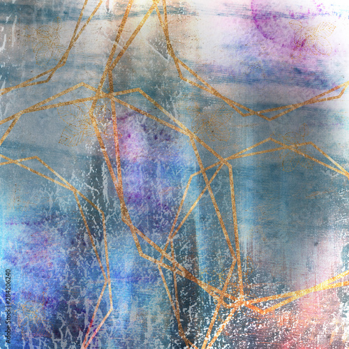 Abstract Background With Scuffs And Golden Lines On A Blue And