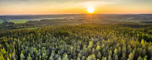 Drone Photo Of Sunrise Over Forest In North Sweden - Golden Sun Light With Beams And Shadows. Västerbotten, West Bothnia Province, North Of Sweden