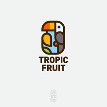 Tropic Fruit Logo. Tropical Bird With Ripe Mango Fruit. Toucan Flat Emblem. Label For Exotic Products.