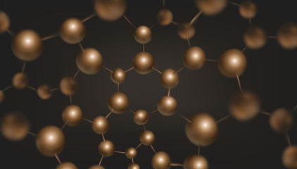 3d golden color molecules vector design. Science abstract background with molecular structure. Atoms model illustration, scientific banner for medicine, biology, chemistry or physics template