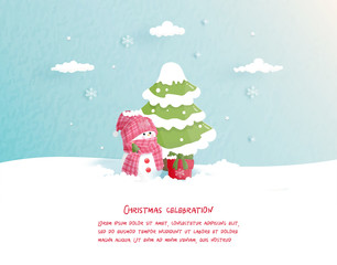 Wall Mural - Christmas card with cute snow man in paper cut style. Vector illustration