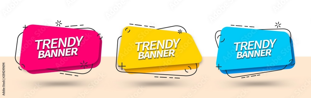 Trendy set of abstract banners square shape in Memphis style. Vector bright template banners. Template ready for use in web or print design. - obrazy, fototapety, plakaty 