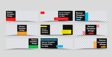 horizontal black vector web banner templates with colored rectangular for text and place for photo.