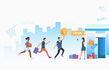 Shopaholics Rushing To Super Discount. Male And Female Cartoon Characters Running To Opened Store. Vector Illustration For Placard, Promotion, Seasonal Sale