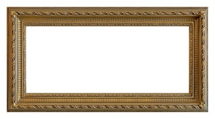 Panoramic golden frame for paintings, mirrors or photo isolated on white background