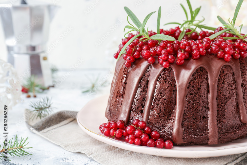 Tasty Christmas pie on light table