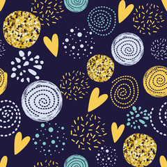 Wall Mural - Abstract seamless pattern Yellow gold circle elements dark background Cute glitter decor wallpaper