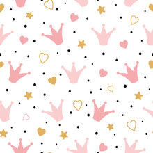Seamess Pattern With Doodle Pink Crowns Hearts Baby Girl Wallpaper Little Princess Design