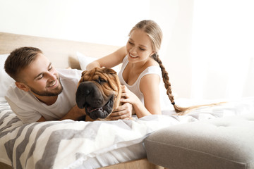 Sticker - Happy couple with cute dog on bed at home