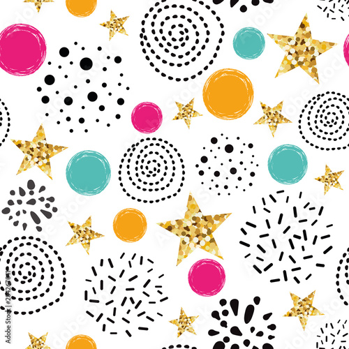 Cotton fabric Doodle shape seamless pattern background. Blue gold stars Abstract gold glitter stars seamless texture