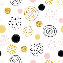 Seamless Pattern Polka Dot Abstract Ornament Decorated Golden, Pink, Black Hand Drawn Circle Elements