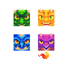 Poster - Angry Dragons pixel art characters set design, colorful vector graphic minimalistic style  illustration. Design for sticker, web, mobile app. 