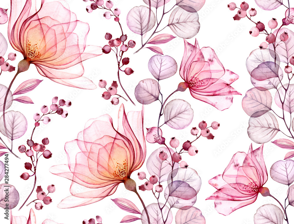 Transparent rose watercolor seamless pattern. Hand drawn floral illustration with pink berries for wedding design, surface, textile, wallpaper - obrazy, fototapety, plakaty 