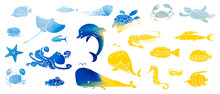 Collection Of Underwater Life Ink Doodles With Watercolor Texture. Sea Animals And Fish. Vector Stock Set. Cute Icons. Can Be Used For Printed Materials. Ocean Background. Hand Drawn Design Elements.