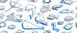 © Diana - Seamless pattern of underwater life ink doodles with watercolor texture. Sea animals and fish. Vector stock set. Cute icons. For printed materials. Ocean background. Hand drawn design elements.