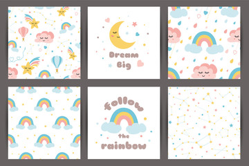 Wall Mural - Cute kids backgroung set in cartoon style Dream big Rainbos smiling clouds stars pattern Cards quote vector