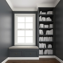 Comfy Upholstered Window Seat With Drawers In A Window Nook With Library And Books.  Trim, Molding, Crown And Baseboard In White Color. 3d Rendering, 3d Illustration