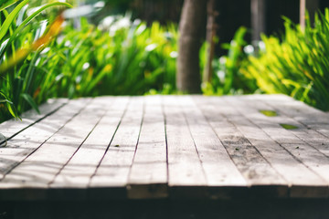 Wall Mural - Closeup image of an old wooden terrace in the outdoors background and texture