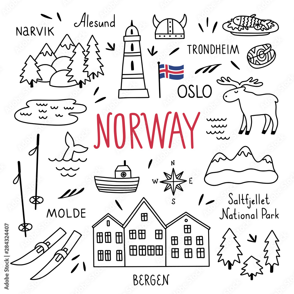 Norway hand drawn outline vector symbols and illustrations on white  background. Travel elements and icons. Visit Norway set with nature  landscapes and architecture Stock Vector | Adobe Stock, image size:1000x1000