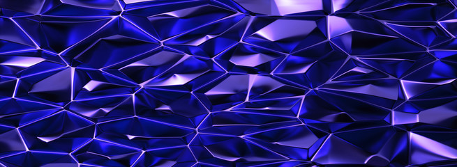Wall Mural - Abstract 3D Background panoramic banner with reflective  Purple Blue Crystal triangle ceiling pattern..