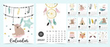 Fototapeta Pokój dzieciecy - Doodle pastel 2020 calendar set with dreamcatcher,feather,bear,fox for children.Can be used for printable graphic.Editable element