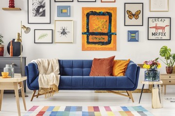 Navy blue couch with bright blanket and two cushions standing in