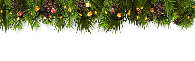 Wall Mural - christmas border (weihnachten girlande) with fir branches, pine cones, holly, and string lights. mer