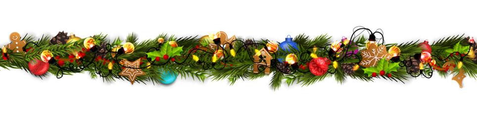 christmas border (weihnachten girlande) with fir branches, pine cones, holly, and string lights. mer