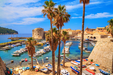 Coastal summer landscape - view of the City Harbour and marina of the Old Town of Dubrovnik on the Adriatic coast of Croatia