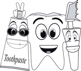 Wall Mural - cartoon tooth, toothbrush and toothpaste on a white background