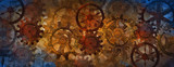 Fototapeta  - Blue and rusty steampunk banner with gears and wheels 