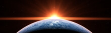 Sunrise Over The Planet Earth Concept With A Bright Sun And Flare And City Lights Panoramic