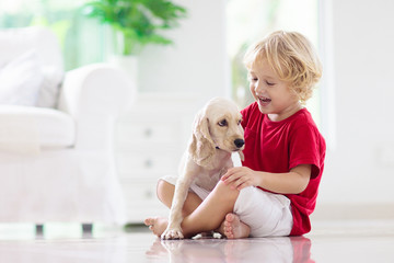 Child playing with dog. Kids play with puppy.