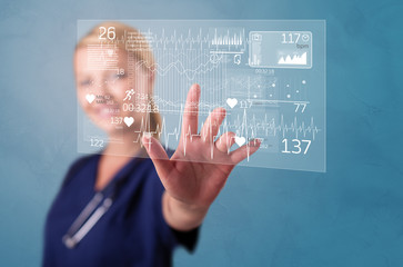 Wall Mural - Doctor touching hologram screen displaying healthcare running symbols