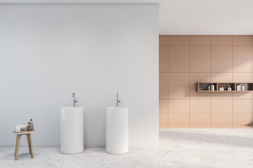 Beige and white tile bathroom with double sink