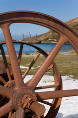 Canvas Print - UK Territory, South Georgia Island, Ocean Harbor. View of abandoned shipwreck through rusty whaling machinery. 