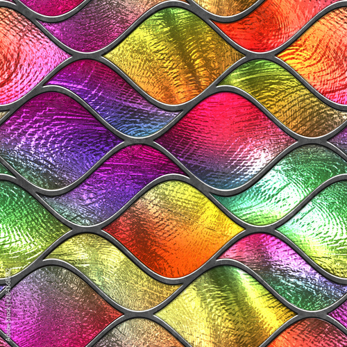 Naklejka dekoracyjna Stained glass seamless texture with waves pattern for window, colored glass, 3d illustration