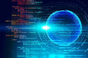 lines of code and bright blue planet hologram