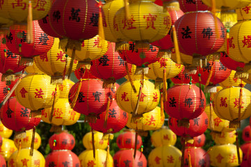 Malaysia, Island of Penang. Kek Lok Si Temple, largest temple in Southeast Asia. Red and yellow Chinese lanterns hung for New Year celebrations.