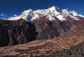 Sticker - Asia, Nepal, Sagarmatha NP. Kwangde Peak, at 19,721 feet, looks down on the village of Namche Bazaar in Sagarmatha National Park, a World Heritage Site, in Nepal.