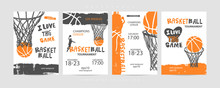 Collection Of Basketball Designs On A White Background, Grunge Style, Sketch, Lettering. Hand Drawing. Sports Print, Cover, Slogan, Template, Sports Covers, Basketball Hoop. EPS File Is Layered.