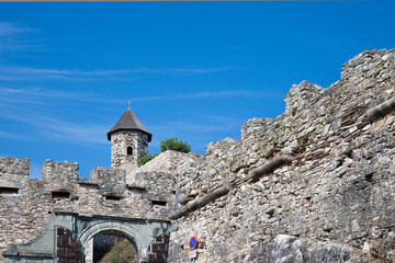 Sticker - Villach, Carinthia, Austria - Low angle view of the battlements of an ancient castle.