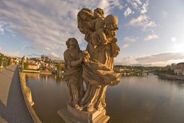 Sticker - View from Charles Bridge (Karluv most), founded in 1357, Baroque Sculptures from the 18th Century, Historical Center of Prague-UNESCO World Cultural and Natural Heritage Register, Czech Republic