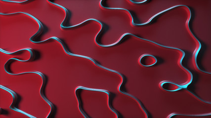 Wall Mural - Abstract shapes design on red background with red blue 3d curved lines top view.