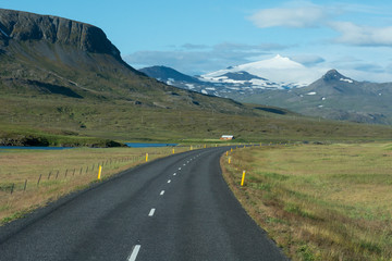 Sticker - West Iceland (aka Vesturland), Snaefellsnes Peninsula (aka Snaefellsnes). View of Snaefellsjokull Glacier from National Road N1, Road 54.