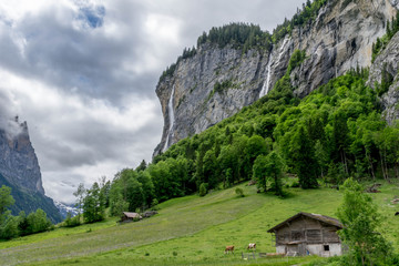 Wall Mural - Waterfall valley in Alps mountains, near Lauterbrunnen village, Switzerland